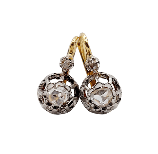 Boucles d'oreilles Dormeuses anciennes en or 18k et diamants taille rose (circa 1890) 58 Facettes A06468