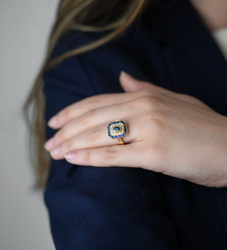 Bague 53 Bague Octogonale en or jaune, saphir et diamants 58 Facettes