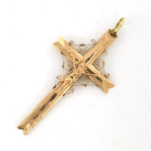 Pendentif Pendentif en or rose du début de l'époque victorienne, en forme de croix avec Jésus 58 Facettes