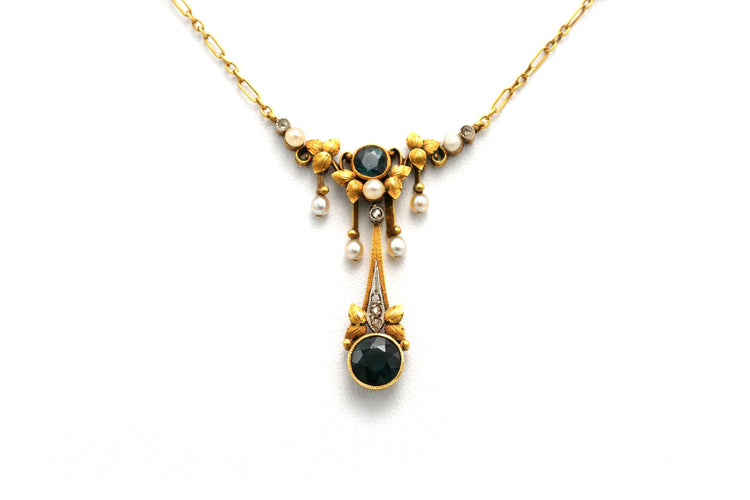 Collier Collier Art Nouveau en or jaune serti de tourmalines, de perles et de diamants 58 Facettes 22936
