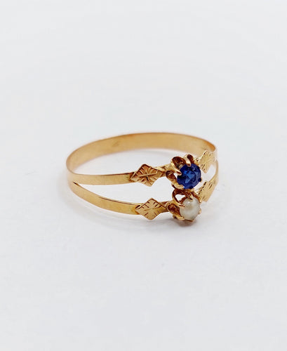 Bague 57 Bague toi et moi antique en or rose 18k perle et pierre bleue 58 Facettes A06504