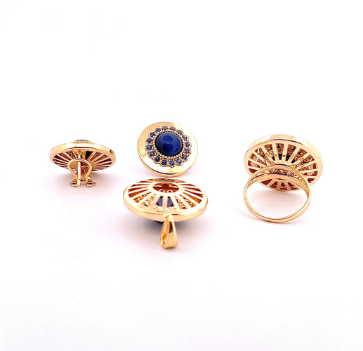 Boucles d'oreilles Parure 4 pièces en or jaune 18 carats saphirs bleus et chrysobéryls oeil de chat 58 Facettes