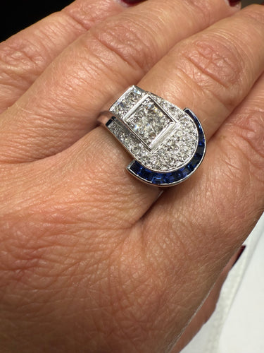 Art Déco - Bague platine - Diamants et Saphirs