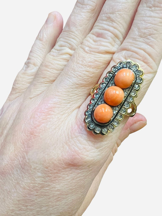 Bague Or, Perles Corail, Diamants Taille Ancienne, Email Noir