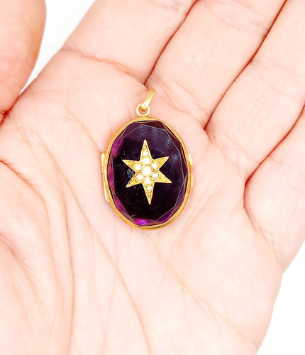 Pendentif Pendentif photo, reliquaire antique or jaune, verre violet et perle 58 Facettes A06193