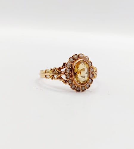 Bague marguerite antique citrine et perles en or rose 18k (circa 1900)