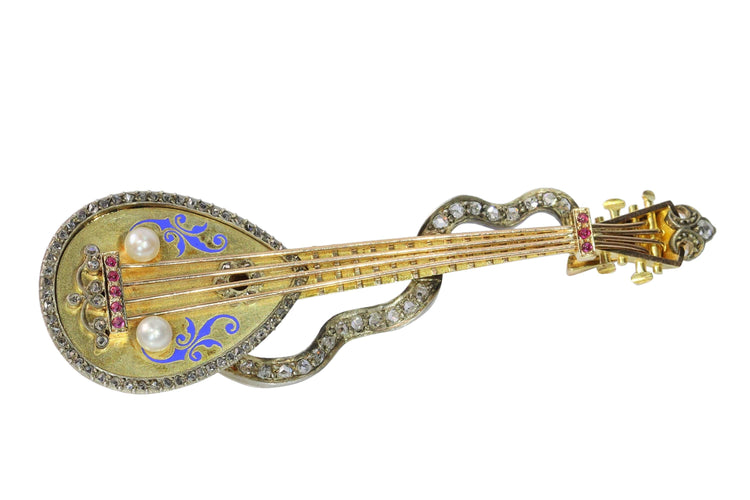 Broche Broche mandoline ornée de diamants, de rubis et de perles, de style victorien français 58 Facettes 14185-0013