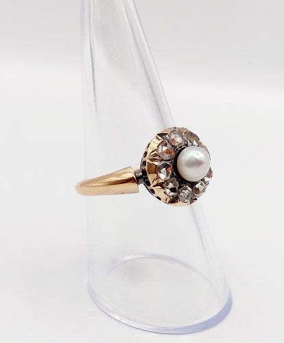 Bague 55 Bague marguerite antique en or rose 18k avec perle et diamants taille roses 58 Facettes A06463