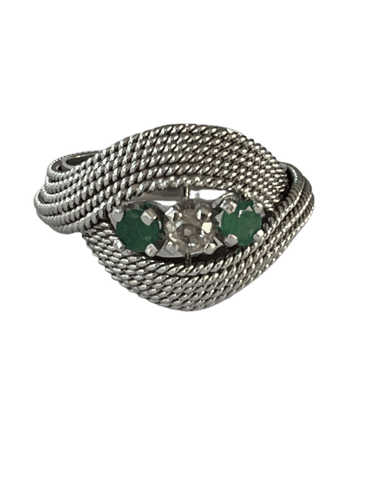 Bague Fils d'Or Jaune Torsadés Diamant Emeraudes