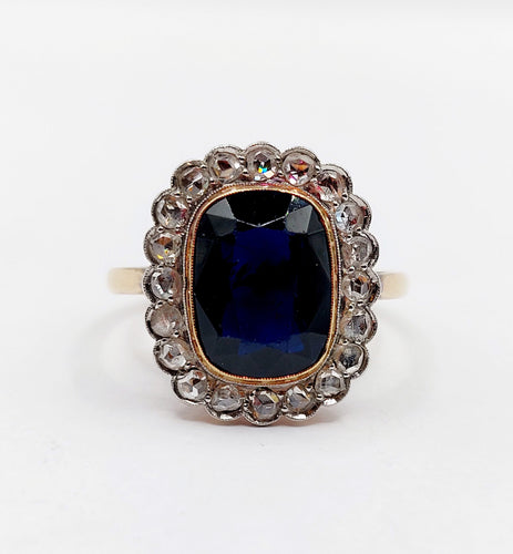Bague 59 Bague pompadour art deco or jaune 18k pierre bleue et diamant taille rose (circa 1900) 58 Facettes A06202