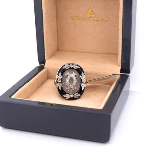 Bague 53 Bague vintage en platine ornée de cristal de roche, d'onyx et de diamants 58 Facettes AN531