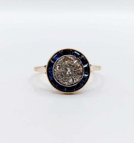 Bague 56.5 Bague cible art déco or jaune, diamants et saphirs calibrés synthétiques 58 Facettes A05652