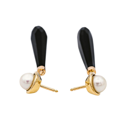 Boucles d'oreilles Boucles d'oreilles Pendantes Or jaune Perle de culture, Onyx, Diamant 58 Facettes 3853930RV