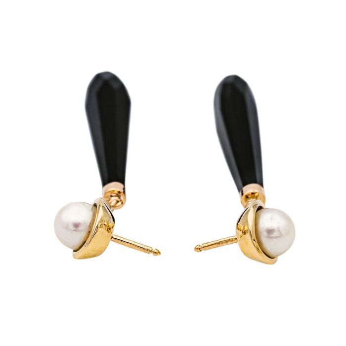 Boucles d'oreilles Pendantes Or jaune Perle de culture, Onyx, Diamant