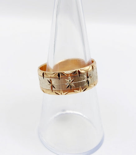 Bague 56 Large bague jonc alliance or rose et gris ciselée de motifs étoilés 58 Facettes A05173