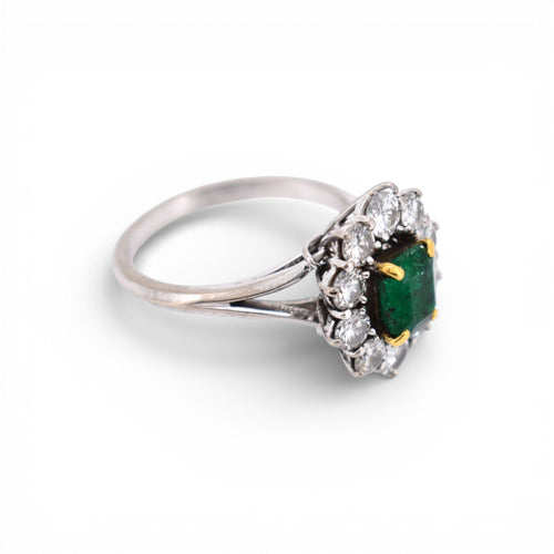Bague 52.5 Bague Marguerite Vintage Française - Or 18 Carats, Emeraude, Diamants 58 Facettes