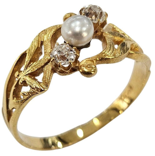 Bague Bague Art Nouveau diamants old mine et perle de culture en or jaune 18k 58 Facettes A834