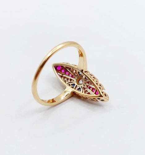 Bague 56 Bague marquise art deco or rose 18k diamant taille ancienne, diamants tailles roses, rubis et saphirs (circa 1920) 58 Facettes A05470