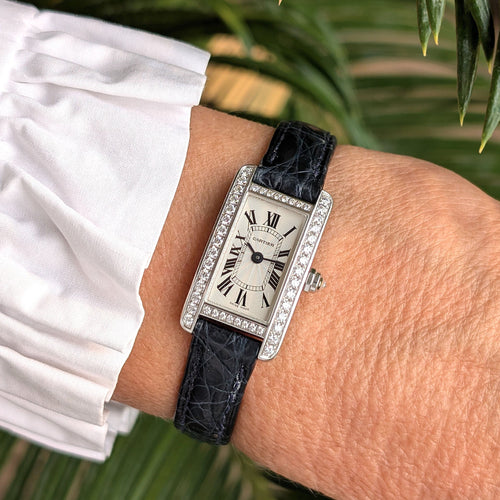 Montre Cartier RARE Cartier Mini Tank Americaine White Gold Bezel Factory Paved 47 diamonds Flinqué Guilloché Dial + 18k White Gold Buckle + Box 58 Facettes