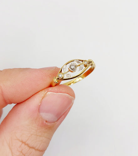 Bague 61 Bague fleur antique en or 18k, diamants taille roses et perles art nouveau 58 Facettes A06399