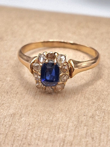 Bague Bague cluster ancienne en or jaune 18k avec saphir et diamants 58 Facettes
