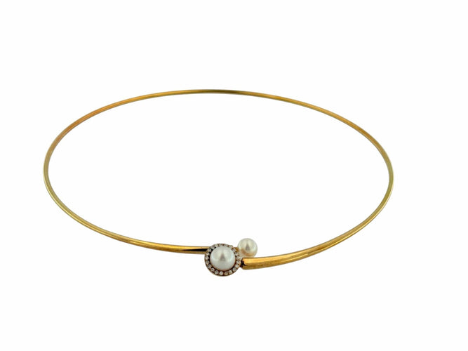 Collier Collier vintage français flexible or jaune, perles et diamants 58 Facettes