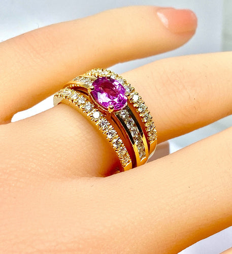 Bague 53 Bague jonc bandeau or jaune, saphir rose, diamants. 58 Facettes AB631
