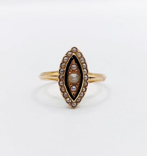 Bague 51 Bague marquise victorienne or rose 18k perles et émail noir (circa 1890) 58 Facettes A06200