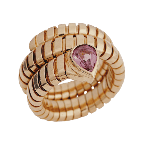 Bague 51 BULGARI - Bague Tubogas « Serpenti » en or jaune et tourmaline rose, vers 1980 58 Facettes