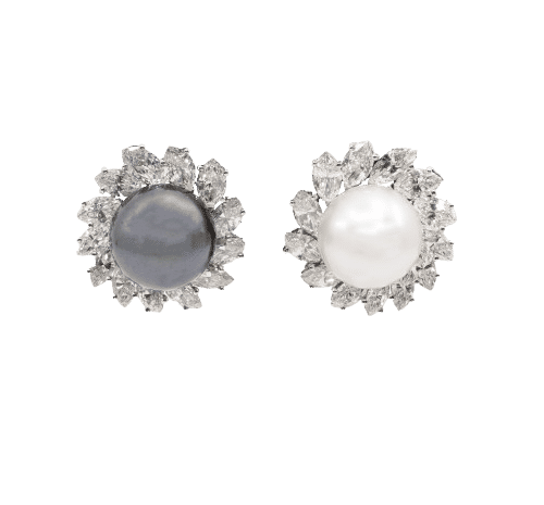 Clips d'oreilles perles de culture blanche et grises, diamants taille navette