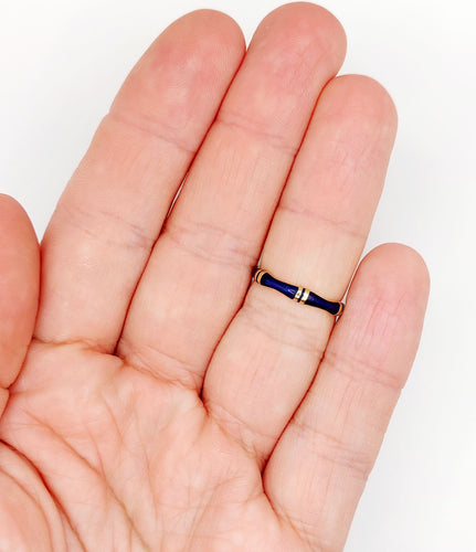 Bague jonc Alliance vintage or jaune et émail bleu