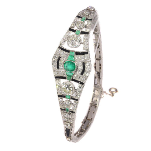 Bracelet Bracelet Art déco sophistiqué en platine : diamants, émeraudes et onyx 58 Facettes 20358-0165