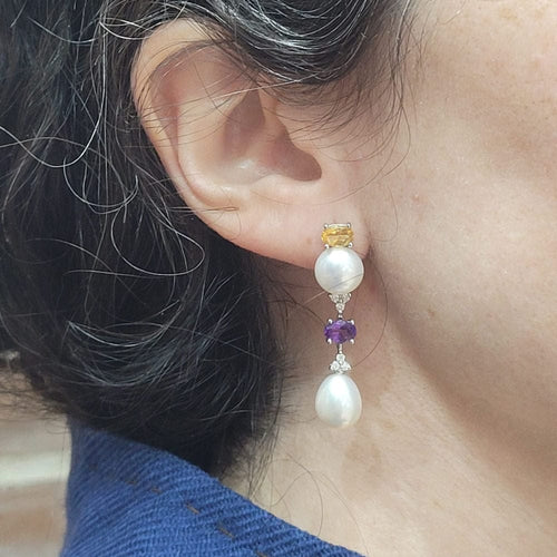 Boucles d'oreilles Boucles d'oreilles ornées de perles, d'améthystes, de citrines et de diamants taille brillant 58 Facettes PE168