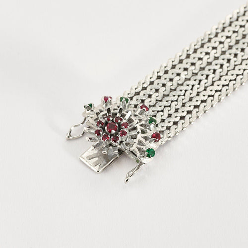 Bracelet Bracelet Ancien Or Blanc 14K Rubis et Emeraudes 58 Facettes