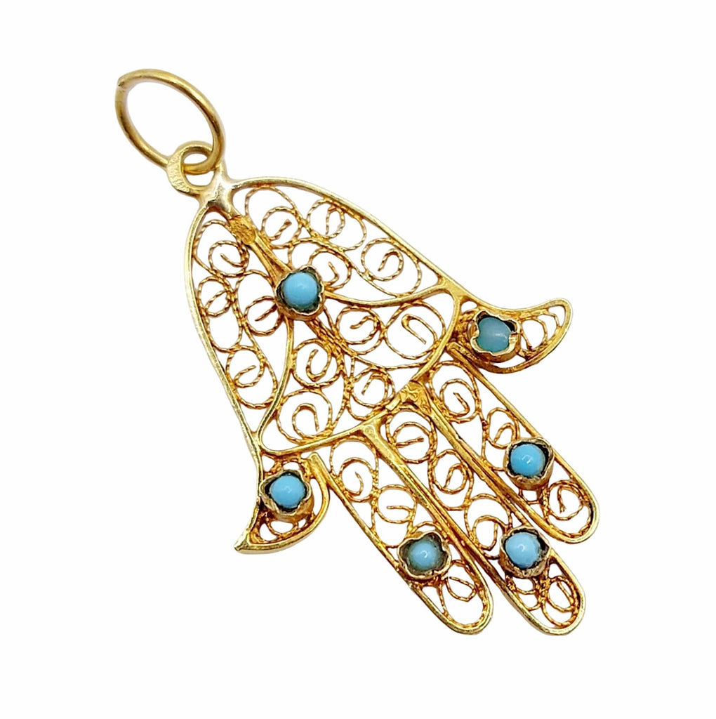 Pendentif Main De Fatma (Hamsa) Vintage En Or 18k - Filigrané Avec Turquoises, Circa 1950