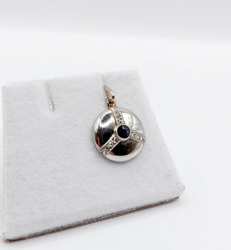 Pendentif cible art déco en or blanc 18k et platine, saphir synthétique et diamants