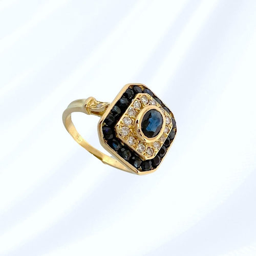 Bague 59.5 Bague octogonale à pans coupés Saphirs et Diamants - Or Jaune 18 K 58 Facettes AA 1707