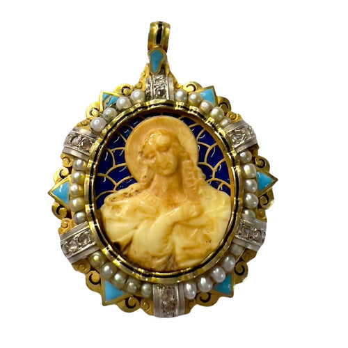 Pendentif Pendentif religieux contemporain en or jaune avec diamants et perles 58 Facettes Q344B