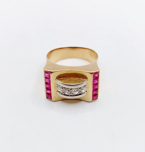 Bague 52 Bague tank Art déco en or rose 18k avec diamants et rubis synthétiques 58 Facettes A06536