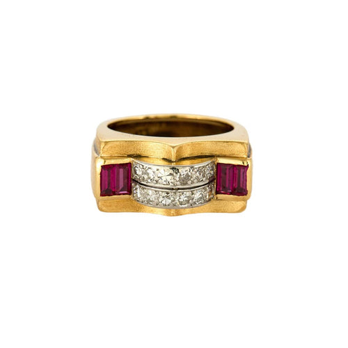 Bague Tank or jaune, diamants et rubis
