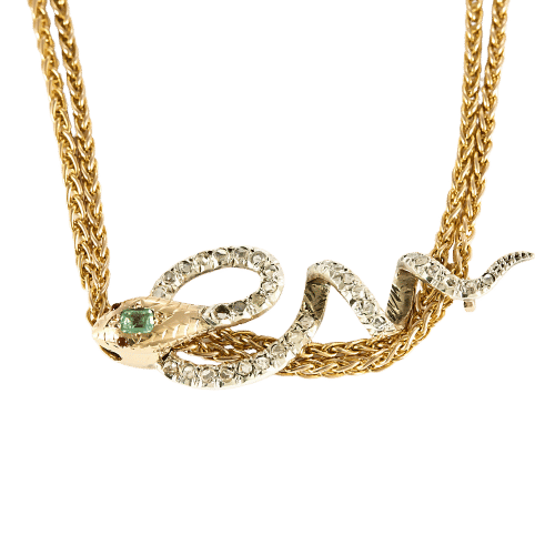 Collier Chaîne en or jaune et coulant Serpent en or gris et diamants et émeraude 58 Facettes SNA1712