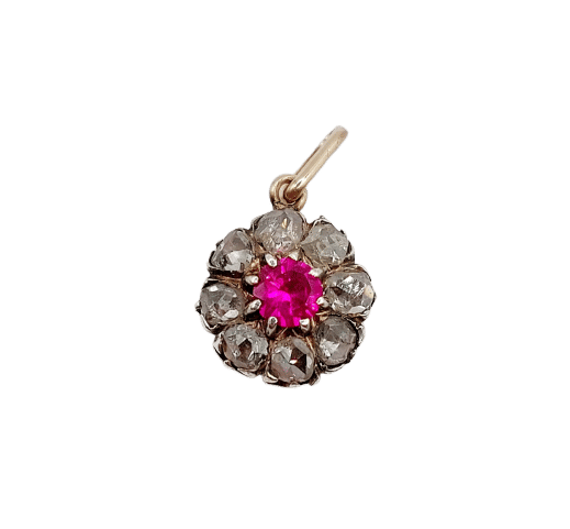 Pendentif marguerite antique en or blanc 18k et argent, rubis synthétique et diamants