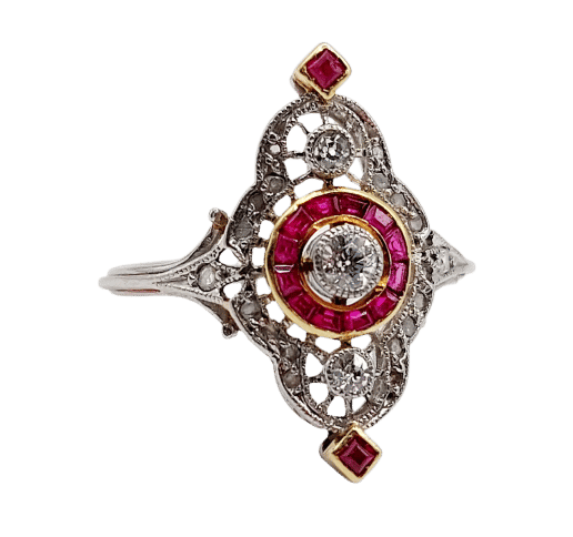 Bague 51 Bague - Bague marquise Art déco en platine et diamants, rubis synthétiques 58 Facettes A06548