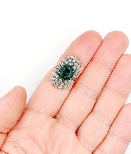 Bague marquise antique en or rose 18k et argent, doublet grenat vert et diamants