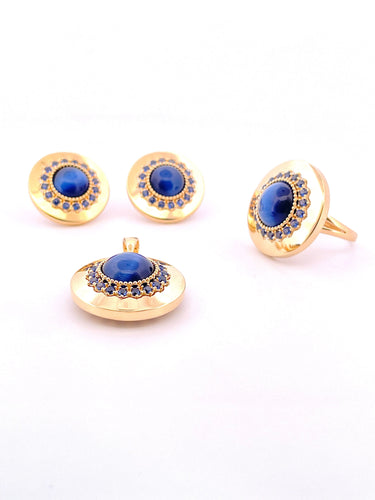 Boucles d'oreilles Parure 4 pièces en or jaune 18 carats saphirs bleus et chrysobéryls oeil de chat 58 Facettes