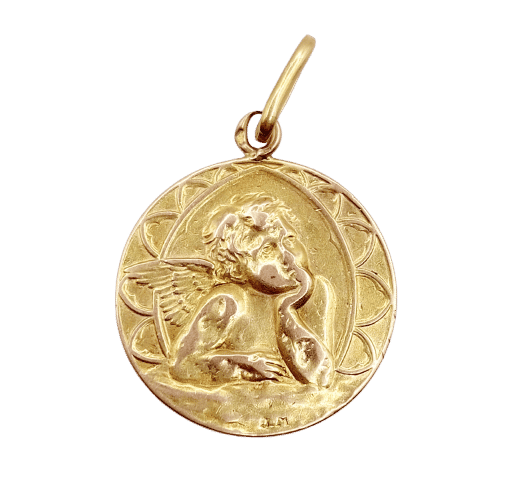 Pendentif Médaille antique or rose 18k angelot (circa 1924) 58 Facettes A06135