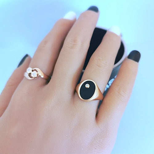 Bague 58.5 Bague Chevalière Mixte Onyx Noir et Diamant en or jaune 18 K 58 Facettes AA 1743