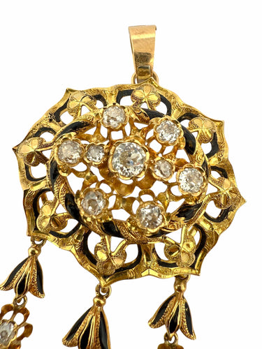 Pendentif Exceptionnel ensemble transformable XIXᵉ – Or 18k , émail noir et diamants taille ancienne 58 Facettes