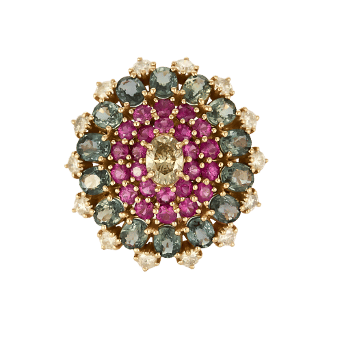 Bague 51 Bague or rose, diamant brun, saphirs roses et verts et diamants 58 Facettes N2975