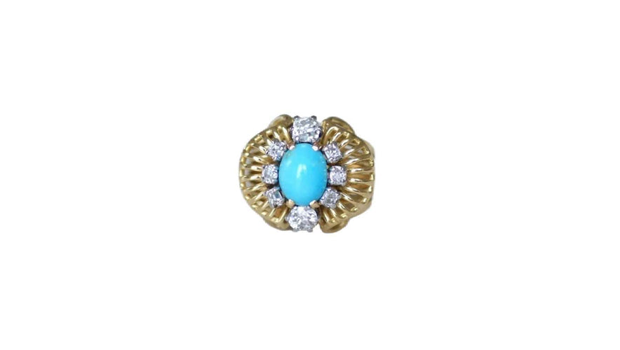 Bague 52.5 Bague Cocktail Turquoise et Diamants Or jaune 58 Facettes